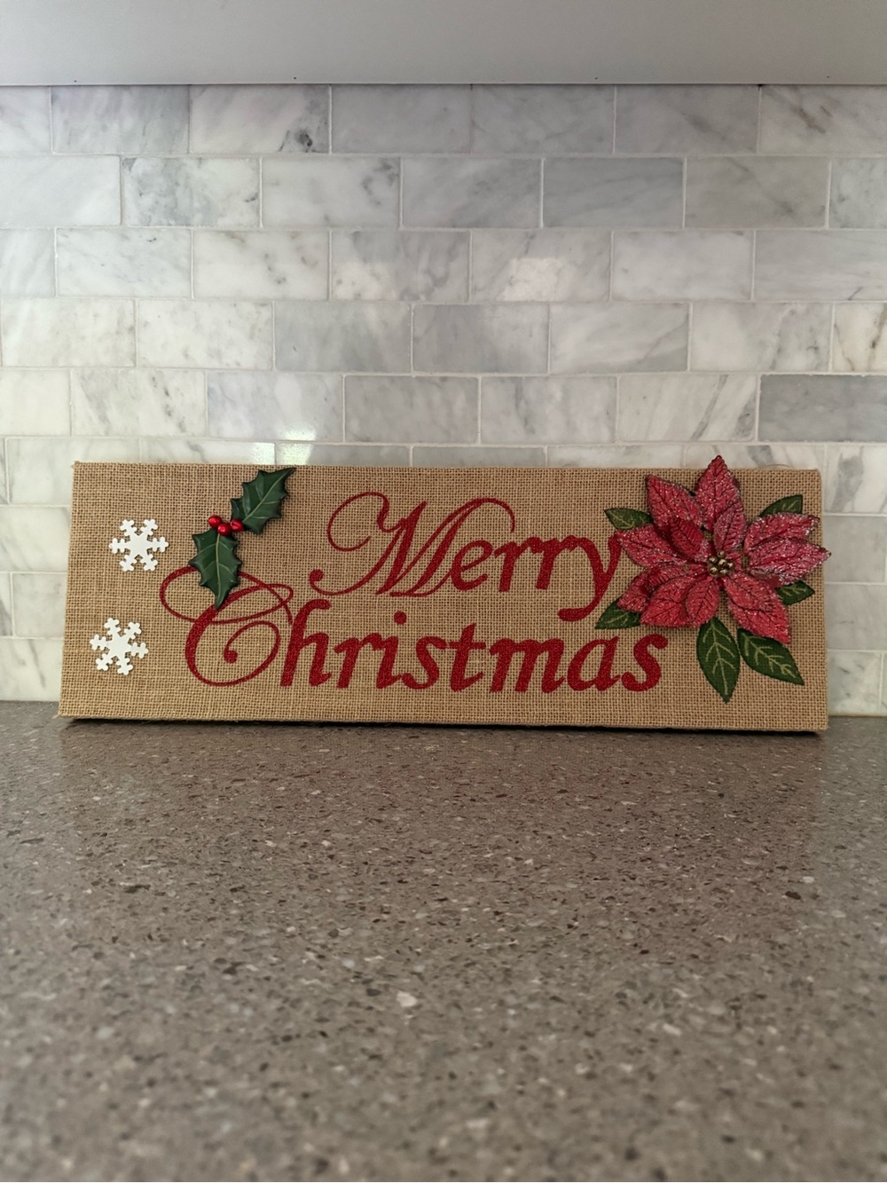 Merry Christmas Burlap Sign with Red Poinsettia - Holiday Home Decor
